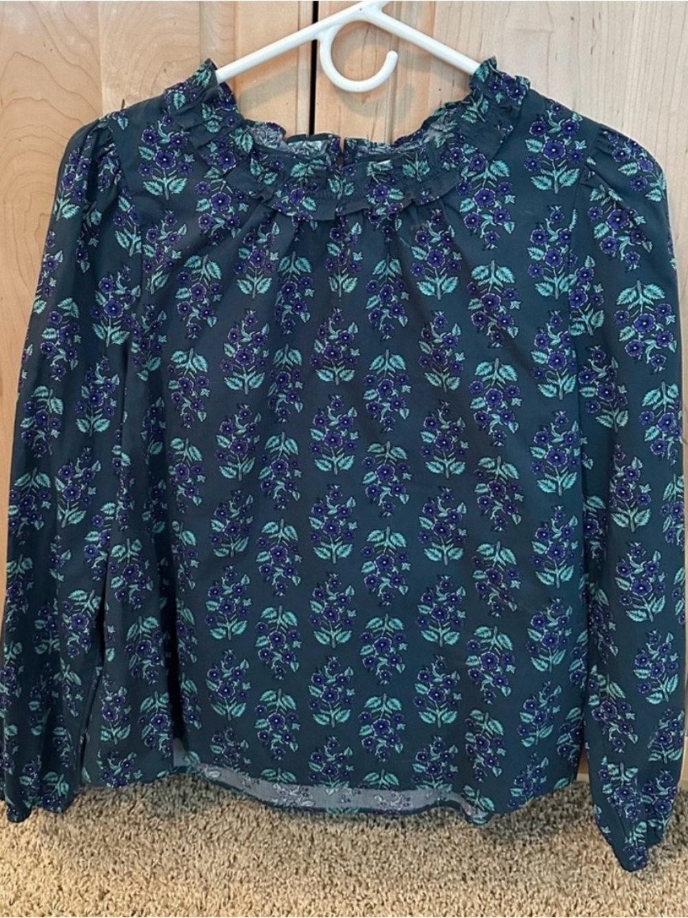 J. Crew Navy Floral Smocked Ruffle Blouse